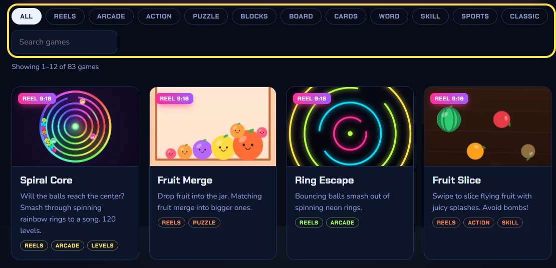 Step 1: Pick a game. Browse by category (Reels, Puzzle, Arcade, Board…) or type a name in the search box, then tap a game card to open it.