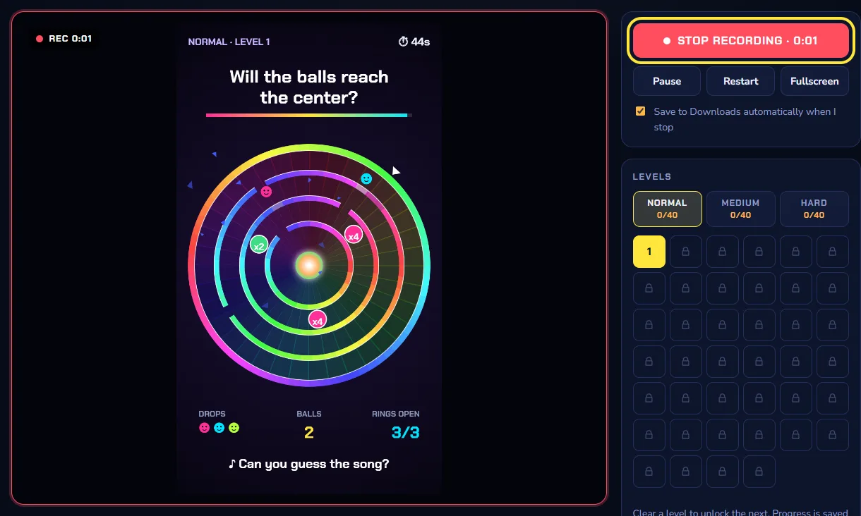 Step 3: Press Record and play. Press ● Record (or the R key). A red REC badge shows the time. Play as usual: the picture and the game sound are both recorded.